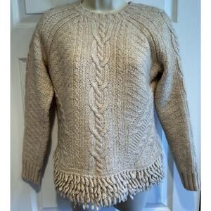 Banana Republic Cable Knit Sweater fringe M Cream Wool Alpaca Boho cottagecore